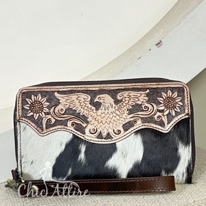 Cartera de Cuero Vacuno Estilo Western Personalizada, Diseño de Águila Grabado a Mano, Cartera con Cremallera y Correa para la Muñeca, OEM ODM, Organizador de Mano para Mujer - Product Image 1