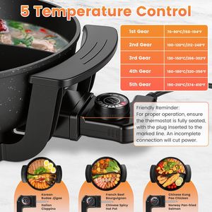 Pentola Elettrica a Doppio Sapore da 6L con 5 Livelli di Temperatura, Antiaderente, per Shabu Shabu, con Accessori Completi, Pentola a Pressione Elettrica - Product Image 5