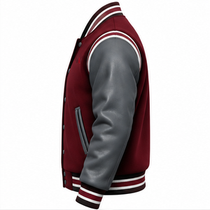 2026 Hot Selling Men's Varsity <b>Jacket</b> <b>Burgundy</b> Maroon Wool Grey <b>Leather</b> Sleeves Quilted Lining Snap Closure Letterman <b>Jacket</b> - Product Image 4
