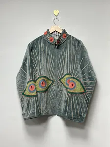 Premium Gray <b>Velvet</b> Suzani Embroidered <b>Jacket</b> with Eye Pattern Full Sleeve Stand Collar Bohemian <b>Women's</b> Winter Outerwear - Product Image 2