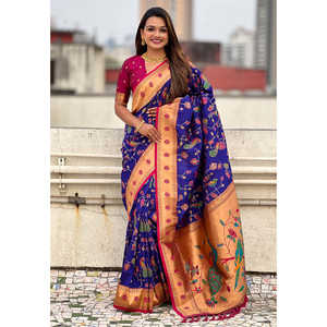 Sari en soie Paithani violet, tissé avec des fils de zari, robe de soirée élégante - Product Image 5