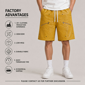 Men's Yellow PU Coated Bermuda <b>Shorts</b> Mid Waist Drawstring Casual Style With Zippers Breathable Fabric - Product Image 1