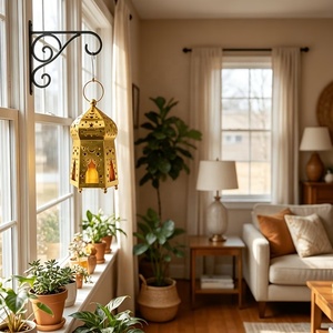 Charming <b>Gold</b> Moroccan <b>Lantern</b> with Color Glass Panels Star Moon Cutwork Candle Holder for Ramadan Home Table Decor - Product Image 4