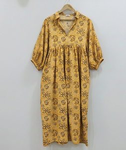 Vestido Midi Formal de Oficina para Mujer, Estampado a Mano, 100% Algodón, Cuello en V, Ecológico, Transpirable, con Mangas Abullonadas y Estampado Floral, Corte en A Simple - Product Image 4