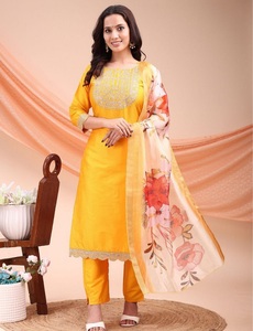Yellow Embroidered Silk Zari Work <b>Kurta</b> Pant Set Floral Dupatta Recycled Materials for Women's Traditional <b>Indian</b> Pakistani - Product Image 1