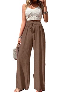 Pantalon large taille haute pour femme, décontracté, coupe ample, vert uni, en coton, séchage rapide, respirant, plissé devant, élastique, pour l'été - Product Image 5
