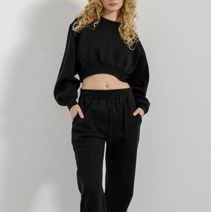 Women's Black 2-Piece Winter Casual <b>Set</b> Cropped <b>Sweater</b> Jogger Pants Full Sleeve Loose Fit Solid Color Fleece Knitted Cotton - Product Image 1