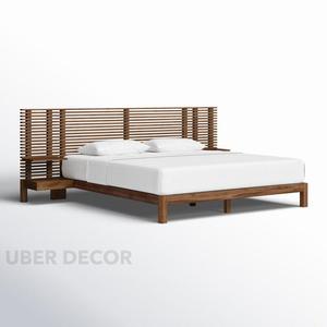 Lit plateforme moderne personnalisable avec tables de chevet intégrées Grille en palissandre à lattes en bois naturel - Product Image 2