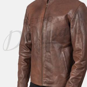 Veste de motard en cuir véritable marron de qualité supérieure pour hommes, coupe ajustée, col montant, fermeture éclair classique, manteau décontracté pour moto et streetwear - Product Image 1