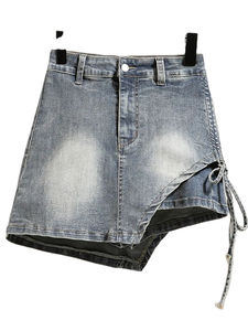 Tendance 2026 HSI Jupe en denim semi-extensible, modèle haut et bas fantaisie, avec ceinture cargo classique et multiples poches, style chic - Product Image 5