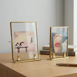 Artisan Design Brass & <b>Glass</b> Rectangle 5.25x7" <b>Photo</b> <b>Frame</b> with Metal Stand for Horizontal Desk/Tabletop Display Decor - Product Image 2
