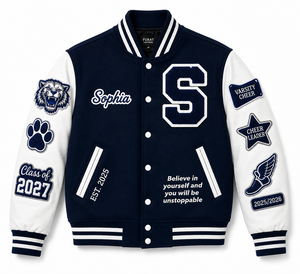Veste de baseball Varsity pour homme en cuir bleu marine Furat Leathers, manches en cuir, col montant, fermeture éclair, coupe-vent - Product Image 6