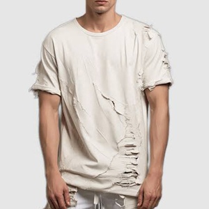Camiseta de Hombre Personalizada al por Mayor, Estilo Vintage, Lavado Desgastado, Rota, de Gran Gramaje, con Efecto de Capas, Estilo Grunge Streetwear, con Agujeros - Product Image 2