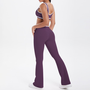 Women Patchwork Yoga Sports Bra Wide Leg Pants Set High Waist Casual Workout Fitness Activewear Lounge Outfit - Product Image 3
