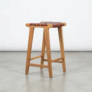 Outdoor Solid Teak <b>Bar</b> Stool with Genuine Leather Rectangle Modern Durable Water Resistant <b>Bar</b> Set for Home - Product Image 5