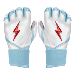 White Full Finger Batting Gloves With Red Lightning Bolt Design <b>Light</b> Blue Trim Ambidextrous <b>Pull</b> On Closure Unisex Adult - Product Image 1