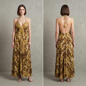 Vestido maxi bohemio para mujer, cuello en V, tirantes finos, línea A, cintura imperio, informal, estampado, para verano - Product Image 5