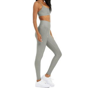 Best Selling Women Grey Spaghetti Strap Sports Bra High-Waist Gym Leggings 2 Piece Workout Yoga Fitness Set Activewear Suit - Product Image 6