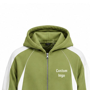 Custom Logo Pea White Color Blocking Tracksuit 100% Set Full <b>Zip</b> <b>Hooded</b> 450 Gsm Sweatshirt Pants - Product Image 2