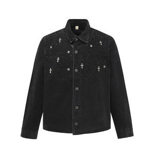 Men's Black <b>Denim</b> <b>Jacket</b> With Embroidered Crosses Turn-down Collar Casual Style Autumn Wear - Product Image 3