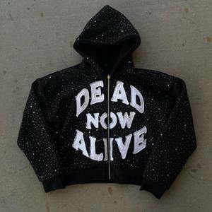 Custom Patchwork Embroidery Print <b>Hoodie</b> <b>Zipper</b> Graphic Heavyweight Streetwear <b>Black</b> Hand Embroidery Men Zip up Rhinestone Hoody - Product Image 1