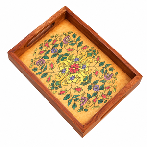 ถาดไม้ประดับอัญมณีทำมือ |   ถาดไม้ตกแต่งลายดอกไม้พร้อมหูจับ - Product Image 3