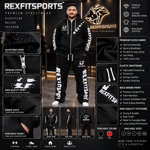 REXFITSPORTS Conjunto Deportivo para Hombre, Negro, con Cierre, Sudadera con Pedrería y Pantalones Deportivos, Estampado en Toda la Superficie, Ropa Urbana, Marca Privada OEM - Product Image 6