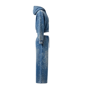 Ensemble de survêtement deux pièces décontracté pour femme, noir délavé, hiver, avec sweat à capuche court zippé et pantalon large à cordon de serrage, 100% coton molletonné - Product Image 3