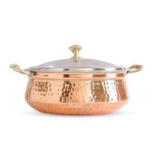Handcrafted Hammered Copper Casserole <b>Pot</b> with <b>Glass</b> Lid and Brass Handles for Luxury Catering & Fine Dining Server - Product Image 1