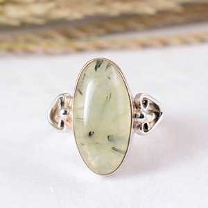 925 Sterling Silver Green Prehnite Oval Natural Gemstone <b>Ring</b> Handcrafted <b>Adjustable</b> Band Boho Hippie Style Bezel Setting Unique - Product Image 1
