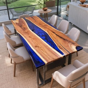 Table à manger de luxe en noyer massif avec résine blanche, faite à la main, en époxy, style moderne farmhouse, durable, écologique, pieds en métal, pour hôtel et villa - Product Image 5