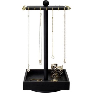 <b>Black</b> Wood Jewelry Organizer Stand with Tray and Gold Hooks for Necklaces and Bracelets - Product Image 5
