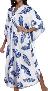 Robe longue kaftan pour femme à col rond, imprimé tropical, manches chauve-souris, coupe ample, ourlet asymétrique, tenue de plage estivale en polyester tissé - Product Image 3