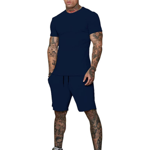 Conjunto de 2 piezas para hombre, conjunto de verano, chándal informal, camisa y pantalones cortos, azul marino - Product Image 1