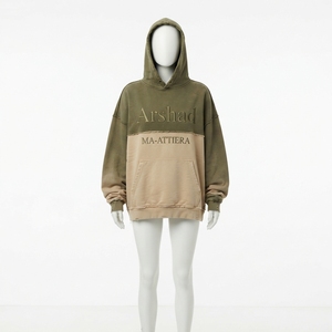<b>Men</b> Beige Olive Colorblock <b>Hoodie</b> With Raw Edge Seams Embroidered Gothic Graphic <b>Oversized</b> Fit Kangaroo Pocket Custom Streetwear - Product Image 1