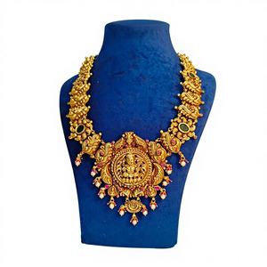 Antique Gold Lakshmi Peacock Temple <b>Jewelry</b> Set Kemp Stone Traditional South Indian Bridal Haram Matte Necklace - Product Image 1