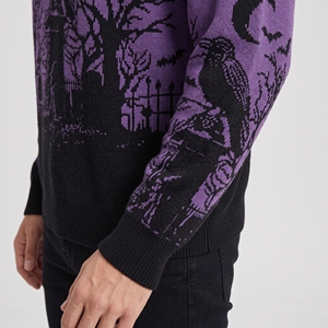 Suéter gótico de punto morado y negro para hombre al por mayor, con gráfico de cuervo, luna y bosque, cuello redondo, estilo oversize, jersey urbano. - Product Image 5