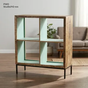 Estante de Almacenamiento Rústico de Madera y Hierro con 4 Cubos Cuadrados, Estantes Abiertos y Acabado Reciclado para Sala de Estar - Product Image 6