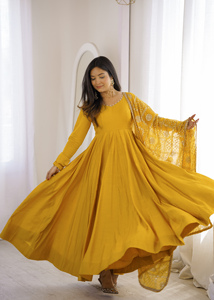 Pure Roman Silk Chanderi Flared Anarkali Gown <b>Pants</b> Embroidery Sequence Dupatta Set Churidar Sleeve Party Wear Suit (PY 313) - Product Image 6