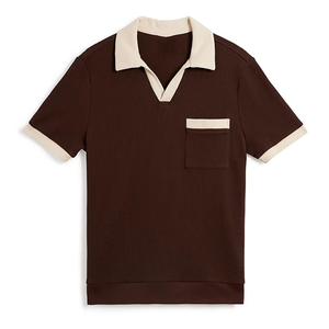 <b>Men's</b> <b>Brown</b> Knitted Short Sleeve Polo <b>Shirt</b> With Pocket Casual Solid Color Top - Product Image 1