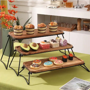 3 Tier Wooden Display <b>Risers</b> Cake Stand With Foldable Metal Wire Legs For Buffet <b>Table</b> Food <b>Riser</b> And Dessert Counter Organizer - Product Image 2