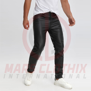 Pantalon de jogging en cuir léger pour homme, coupe ajustée droite, design personnalisé, fermeture boutonnée sur le devant, couleur unie - Product Image 4