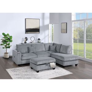 Set Divano Contemporaneo in Corduroy a 3 Pezzi Colore Nebbia: Divano LAF con Chaise Longue RAF e Sezione a L per Soggiorno - Product Image 1