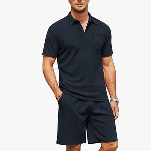 Ensemble polo et short en tricot gaufré pour homme, 2 pièces, tenue d'été, survêtement décontracté avec poches, respirant, grande taille pour homme - Product Image 3
