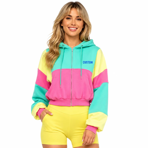 Widebreaker Colorful Crop <b>Top</b> Women's Hoodies 100% Cotton Waterproof Streetwear Zipper Heavyweight Oversized Colorblock Design - Product Image 1