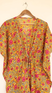 Vestido Kaftán Largo Naranja con Estampado de Bloques para Mujer, Corte Holgado, 100% Algodón, Ropa de Resort, Vestido Holgado y Cómodo - Product Image 4