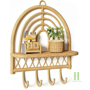 Handwoven Rattan <b>Wall</b> Shelf with Hooks, Natural Wicker <b>Hanging</b> Storage Rack with 4 Hooks for Entryway Kitchen Bathroom Organizer - Product Image 2