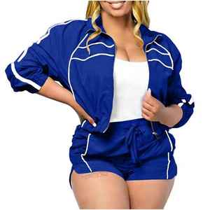 Ensemble short et haut zippé à manches longues pour femme, style biker/jogger, deux pièces, personnalisable, tenue décontractée de sport, vente en gros - Product Image 2