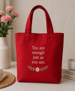 Sac fourre-tout en toile rouge avec citation brodée « Tu es suffisante, tel que tu es » et motif floral - Product Image 1