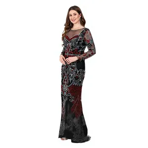 Robe de soirée longue de luxe à manches longues, élégante, avec encolure en maille, richement ornée de perles et de sequins, robe longue vintage brodée pour bal et soirée - Product Image 5